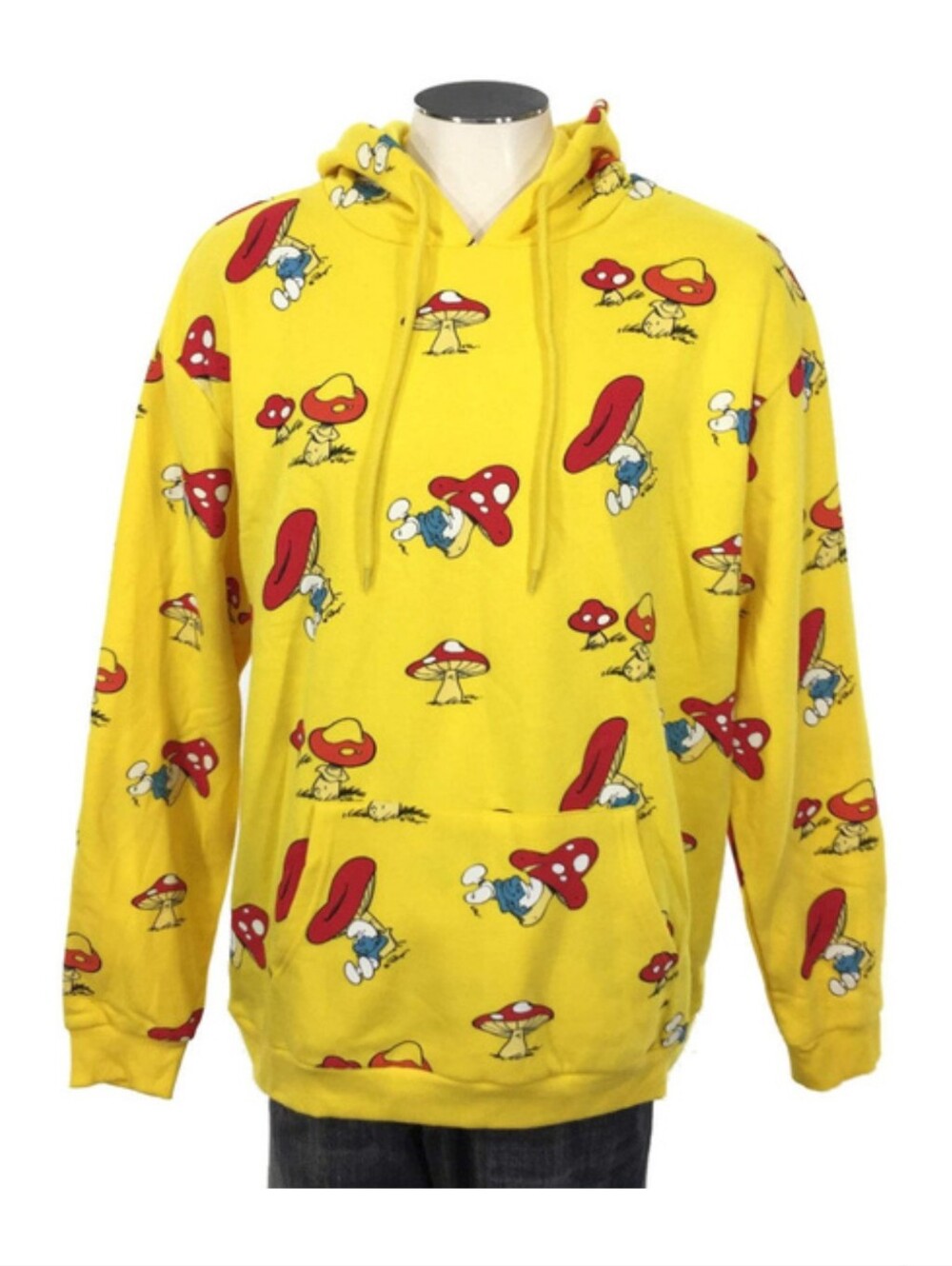 The SMURFS Allover Print Hoodie Red Mushrooms Yellow pullover sweatshirt Size L